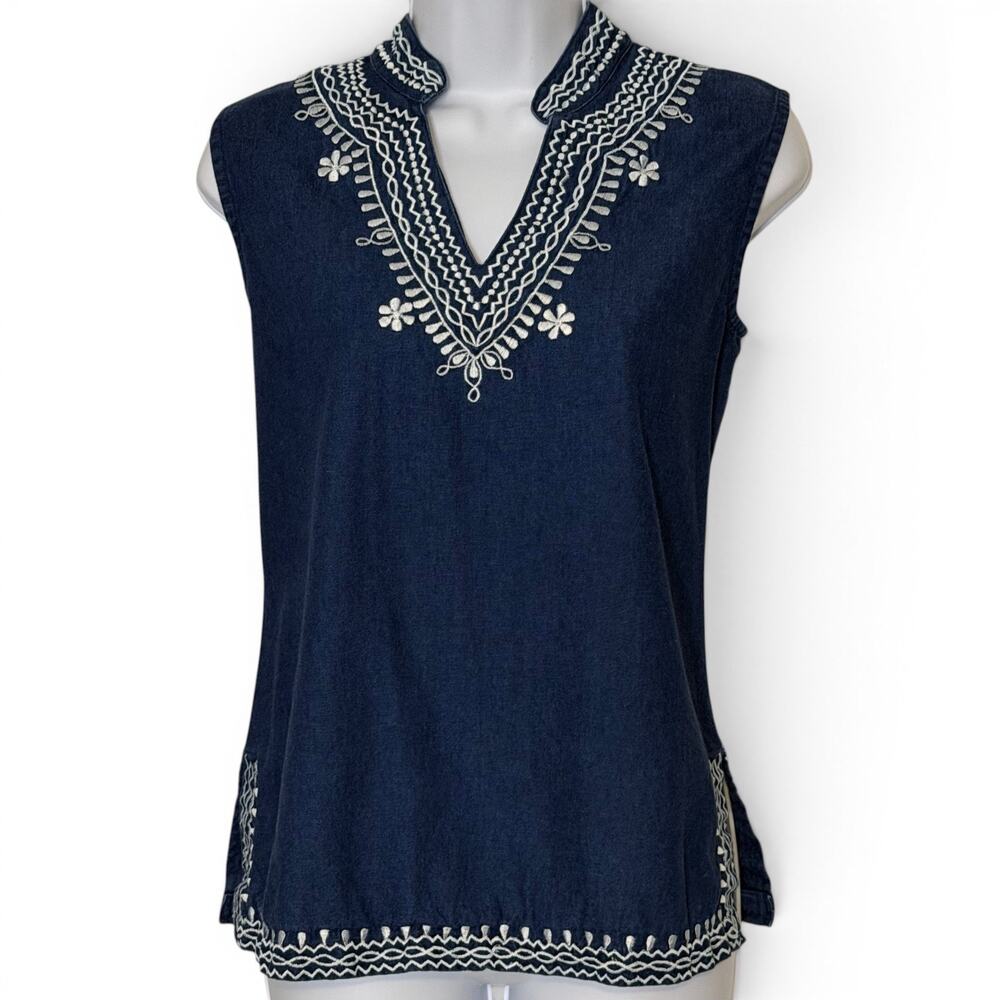 Vermont Country Store Embroidered Denim Top Blue Sleeveless Boho Cottage Size S